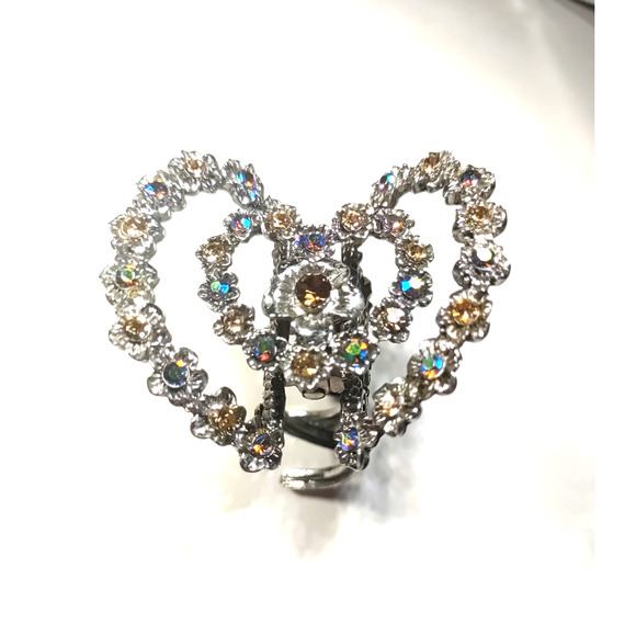 Pony Tail Holder Barrette Double Love Heart Design Rhinestones Silver Tone - Picture 4 of 4